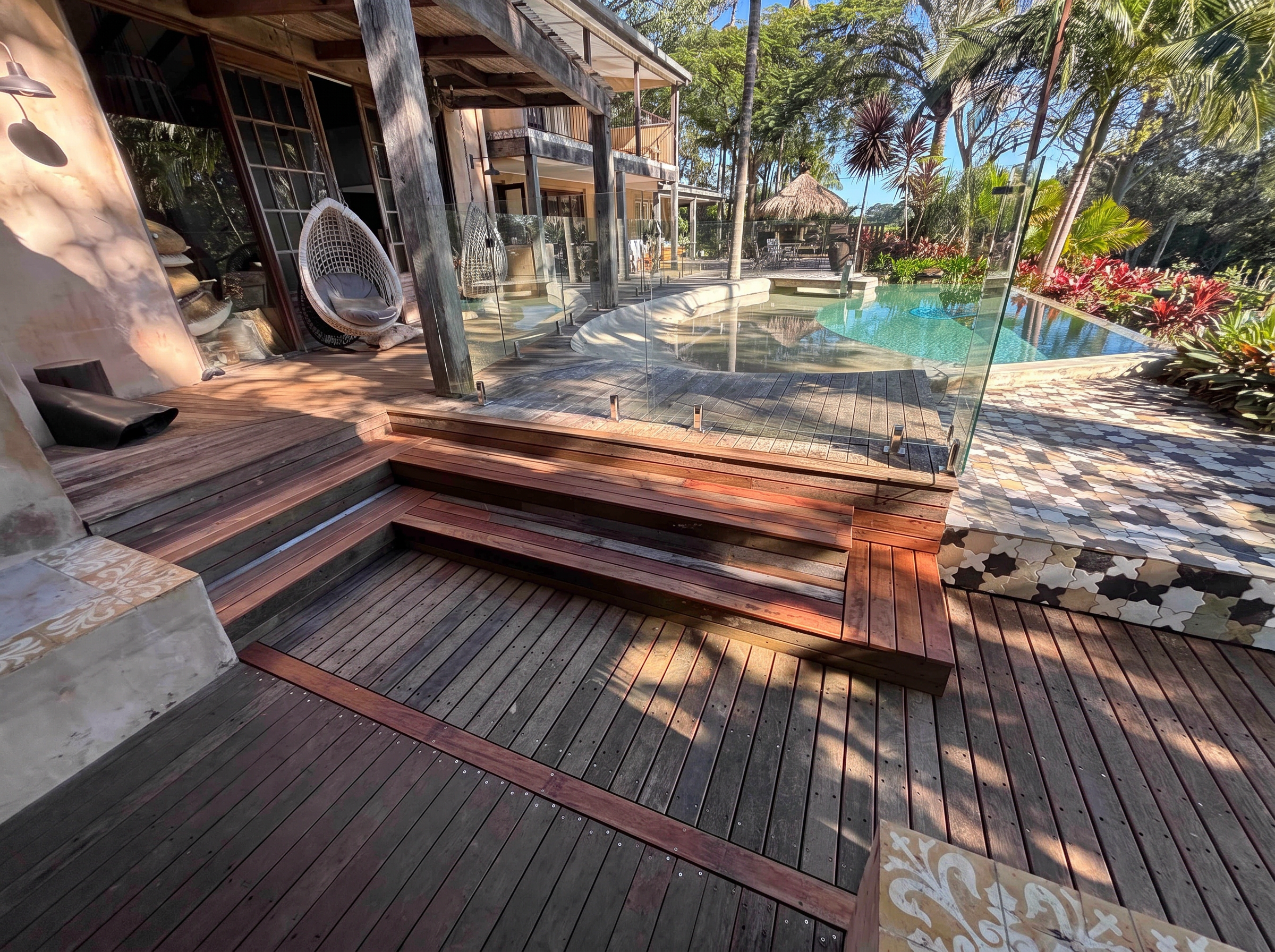 Hardwood pool deck and timber steps built by Salt Rock Carpentry & Craft